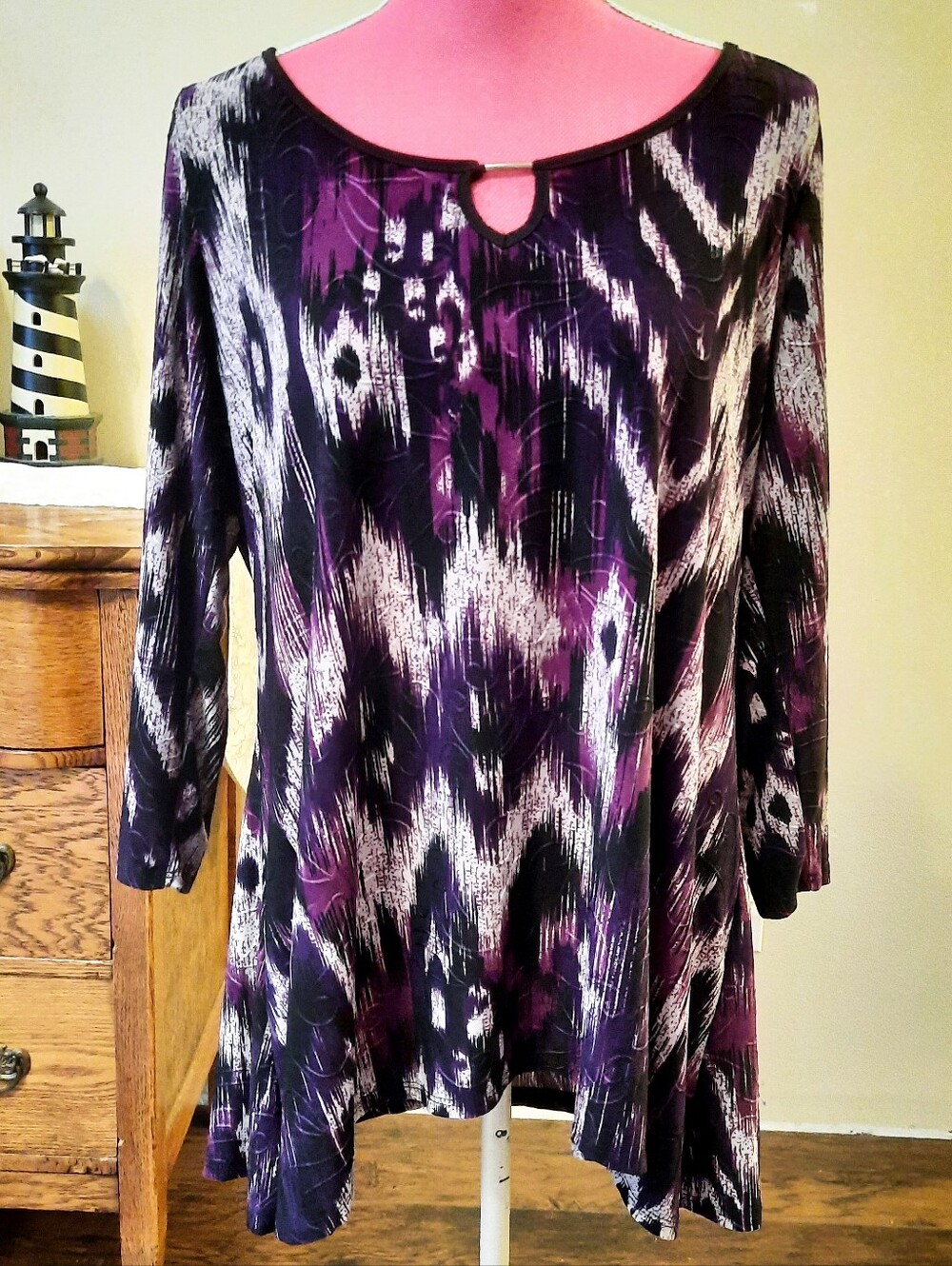 Lavish Women's Purple Ikat Print Tunic Top with Keyhole Neckline